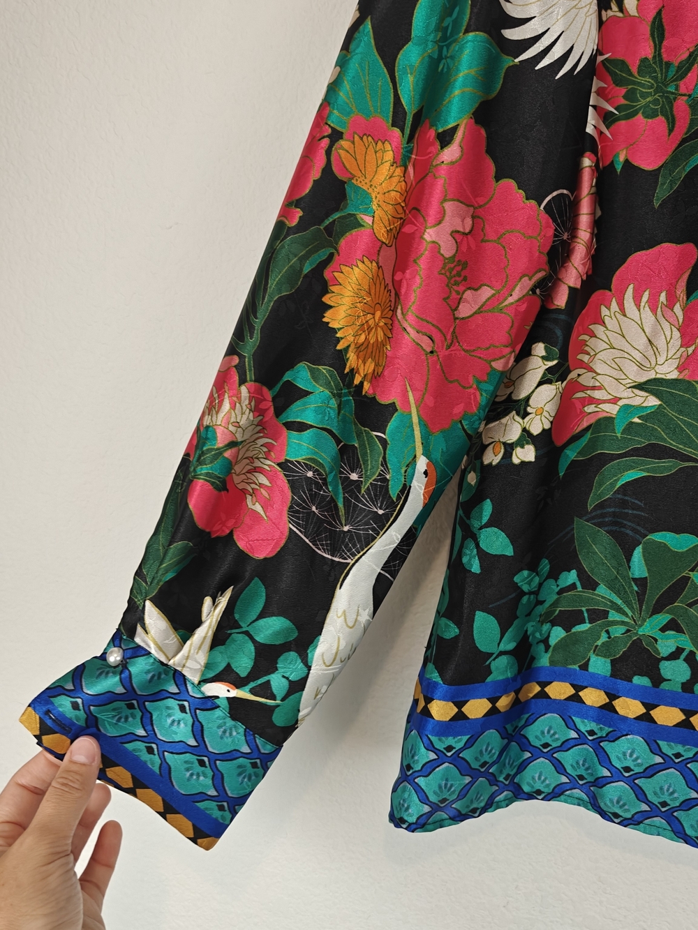 Zara Oriental Crane Satin Blouse Floral Bird Print Black Pink Green Size M - Picture 10 of 16